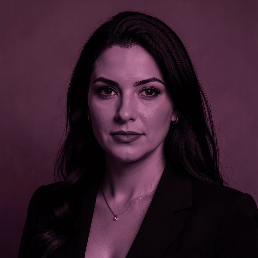 Koyu fonda turuncu-magenta iki tonlu dramatik bir kadın portresi
